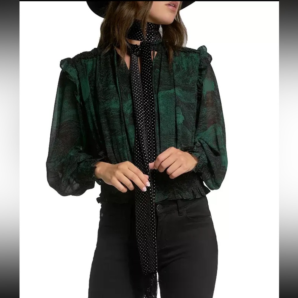 Elan Bloomingdales Print Smocked Waist Ruffle Blouse Top Green Tresor Small